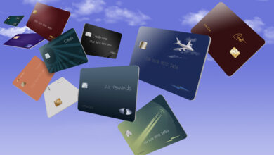 Air miles rewards credit cards are seen floating in the sky