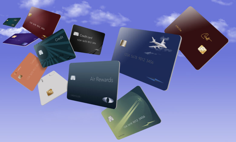 Air miles rewards credit cards are seen floating in the sky